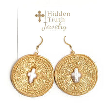 Load image into Gallery viewer, Hidden Truth Jewelry - Pearl Insert with Truth Cross Dangles Earrings