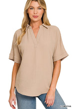 Load image into Gallery viewer, Zenana - Woven Airflow Collared V-neck Short Sleeve Top