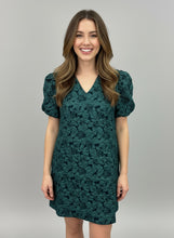 Load image into Gallery viewer, Pixi + Ivy - Green Puff Sleeve Jaquard Sleeve Holiday Dress