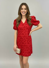 Load image into Gallery viewer, Pixi + Ivy - Red Puff Sleeve Jaquard Floral Holiday Dress