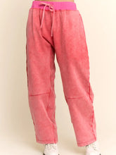 Load image into Gallery viewer, Davi & Dani - Washed French Terry Contrast Waist Barrel Pants Red