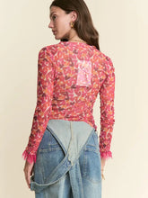 Load image into Gallery viewer, J.nna - Heart Pattern Lace Detailed Sleeve Mesh Top