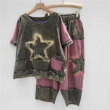 Load image into Gallery viewer, HCB - Distressed Colorblock Denim Crop Top & Capri Set