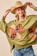 Load image into Gallery viewer, BiBi - Plaid Mix Flower Patchwork French Terry Sweatshirt