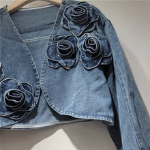 Load image into Gallery viewer, 3D Rose Cropped Denim Jacket Chic Casual Style