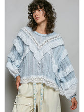 Load image into Gallery viewer, Pol - Eyelet Ruffle Raw Edge Trim Lace Solid Knit Top PURE WATER