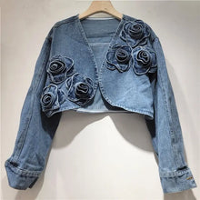 Load image into Gallery viewer, 3D Rose Cropped Denim Jacket Chic Casual Style