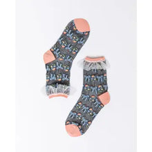 Load image into Gallery viewer, Sock Candy - Floral Bow Ruffle Black Sheer Ankle Sock