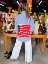 Load image into Gallery viewer, I Love Linen - USA Flag Applique Button Down - Blue Stripe