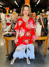 Load image into Gallery viewer, Collar Linen Top Red Floral & Leopard