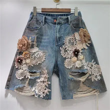 Load image into Gallery viewer, HCB - Lace Floral Rhinestone Denim Shorts with Elastic Waist