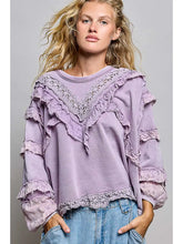 Load image into Gallery viewer, Pol - French Terry Eyelet Ruffle Vintage Washing Solid Knit Top