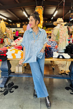 Load image into Gallery viewer, Pixi + Ivy - Short Sleeve Collared Button Down Metallic Top - Blue