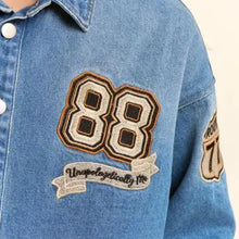 Load image into Gallery viewer, Davi & Dani - Varsity Patch Short Sleeve Denim Jacket