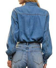 Load image into Gallery viewer, Blue B - Chambray Tie Neck Top - Dark Wash