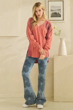Load image into Gallery viewer, Oli & Hali - WASHED FABRIC FLORAL EMBROIDERY RUCHED SLEEVE TOP RED