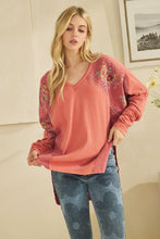 Load image into Gallery viewer, Oli & Hali - WASHED FABRIC FLORAL EMBROIDERY RUCHED SLEEVE TOP RED