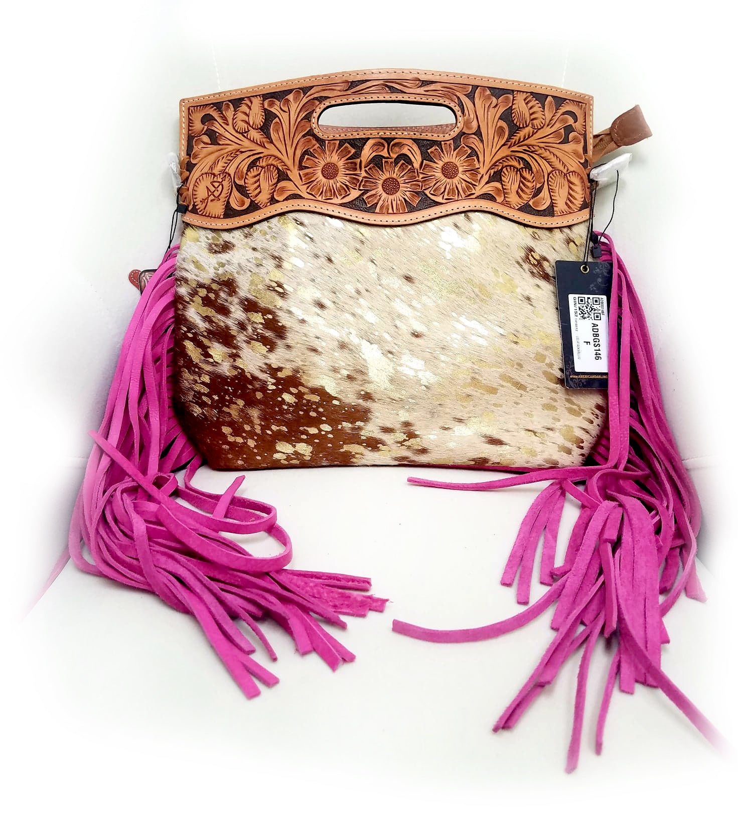 American Darling Cowhide with Tooled Leather and Pink Fringe
