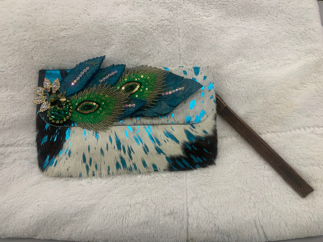A Rare Bird - Clutch Crossbody- Peacock Blue - Green and Cream