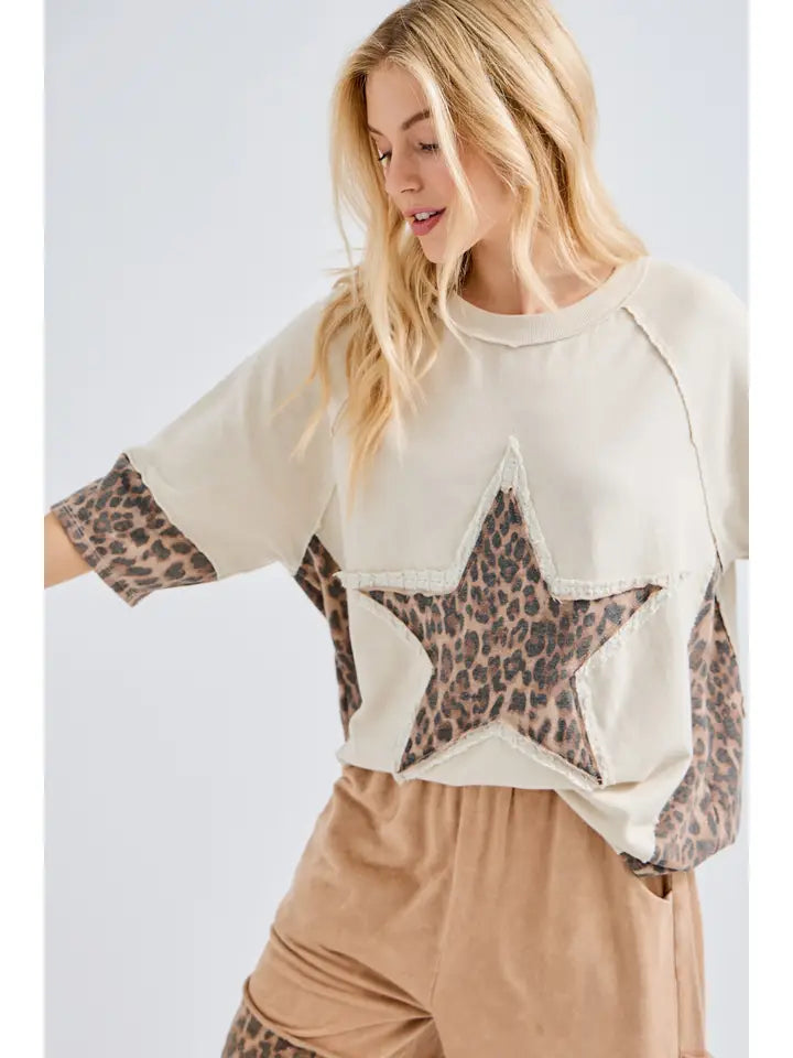 J. Her - Mineral Washed Leopard Star Halfsleeve Top