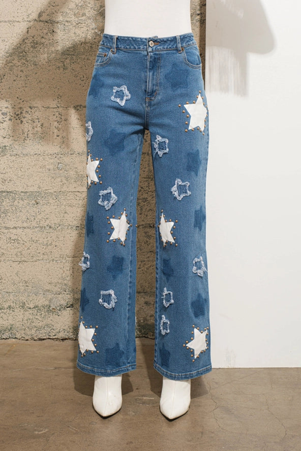 Blue B - Mid Rise Stretch Star Print Studded Jeans
