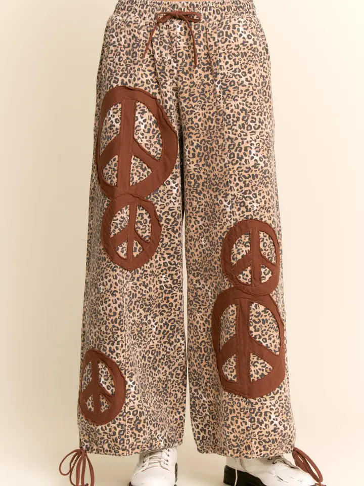 Davi & Dani -Leopard Wide Leg Pants with Peace Applique