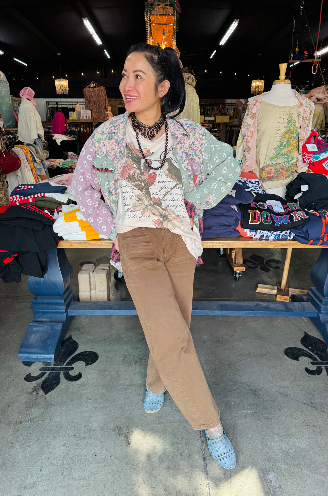 BLUEVELVET - MULTI PRINT PATCHWORK SHIRT - BABY PINK