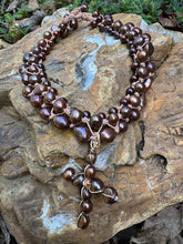 Load image into Gallery viewer, Three strand with cross natural chocolate fresh water pearl necklace
