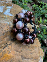 Load image into Gallery viewer, Three strand  natural chocolate and pink baroque fresh water pearl bracelet
