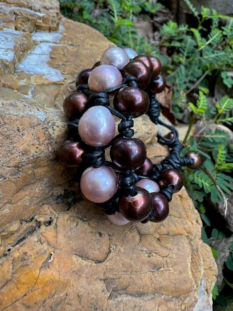 Three strand  natural chocolate and pink baroque fresh water pearl bracelet