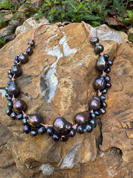 Two tone strand natural black and chocolate baroque fresh water pearl necklace