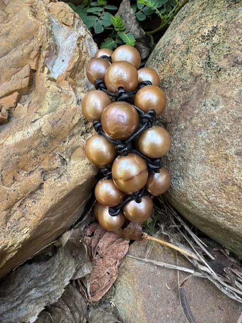 Three strand natural gold baroque fresh water pearl bracelet