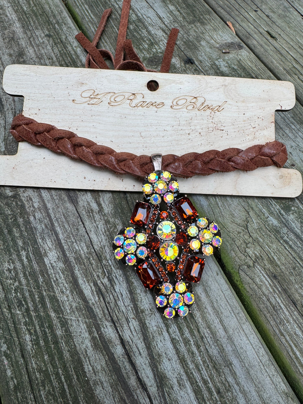 A Rare Bird- Brown Crystal Leather Chocker Necklace
