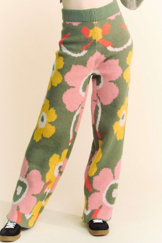 Floral Printed Cozy Soft Full Casual Knit Pant