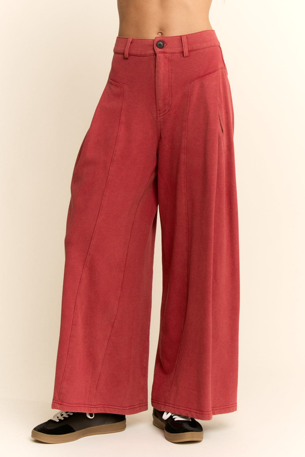 Davi & Dani - Wine High Waisted Front Slit Wide Leg Denim Pants