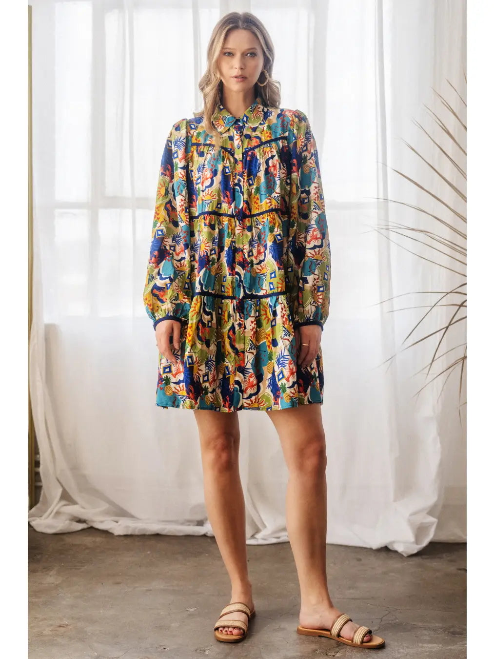 Conversational Printed Baby Doll Shirt Dress