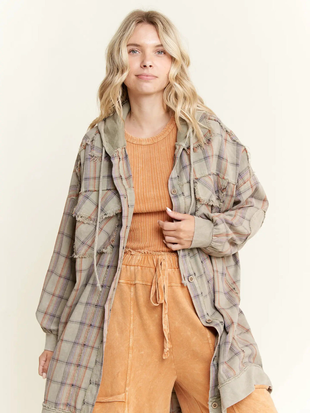 J. Her - Mineral Wash Plaid shacket with hoodie and elbow patch