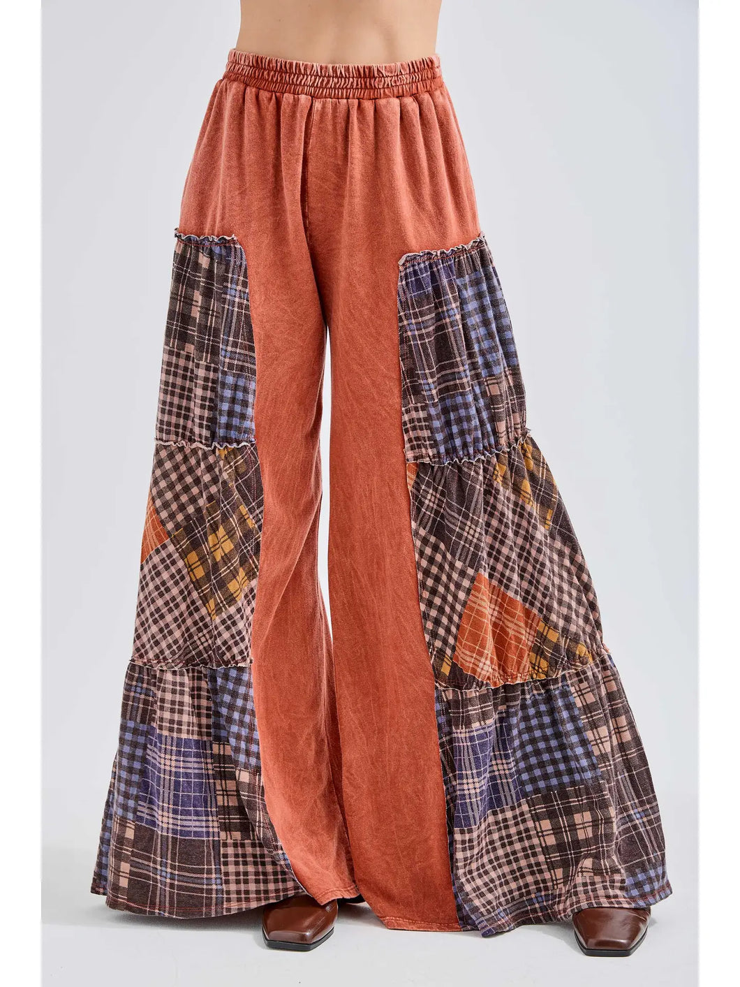 J. Her - Mineral Washed Tiered Plaid Wide Flare Pants
