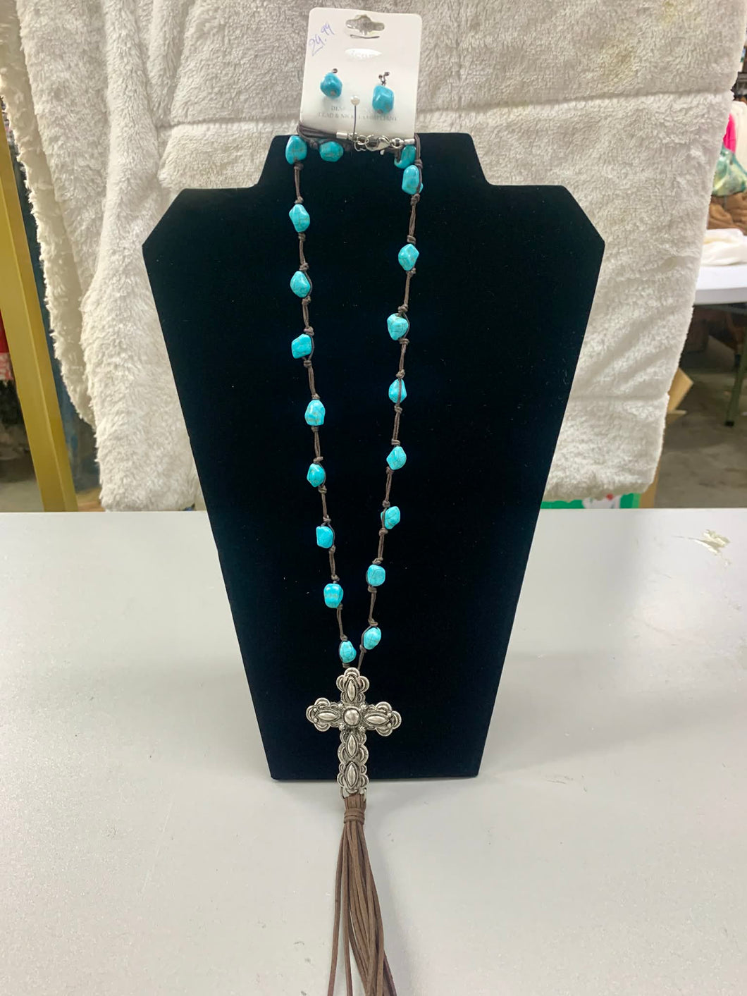 Icon Collection - Turquoise with Cross and Leather Tassels Necklace and Earrings Set