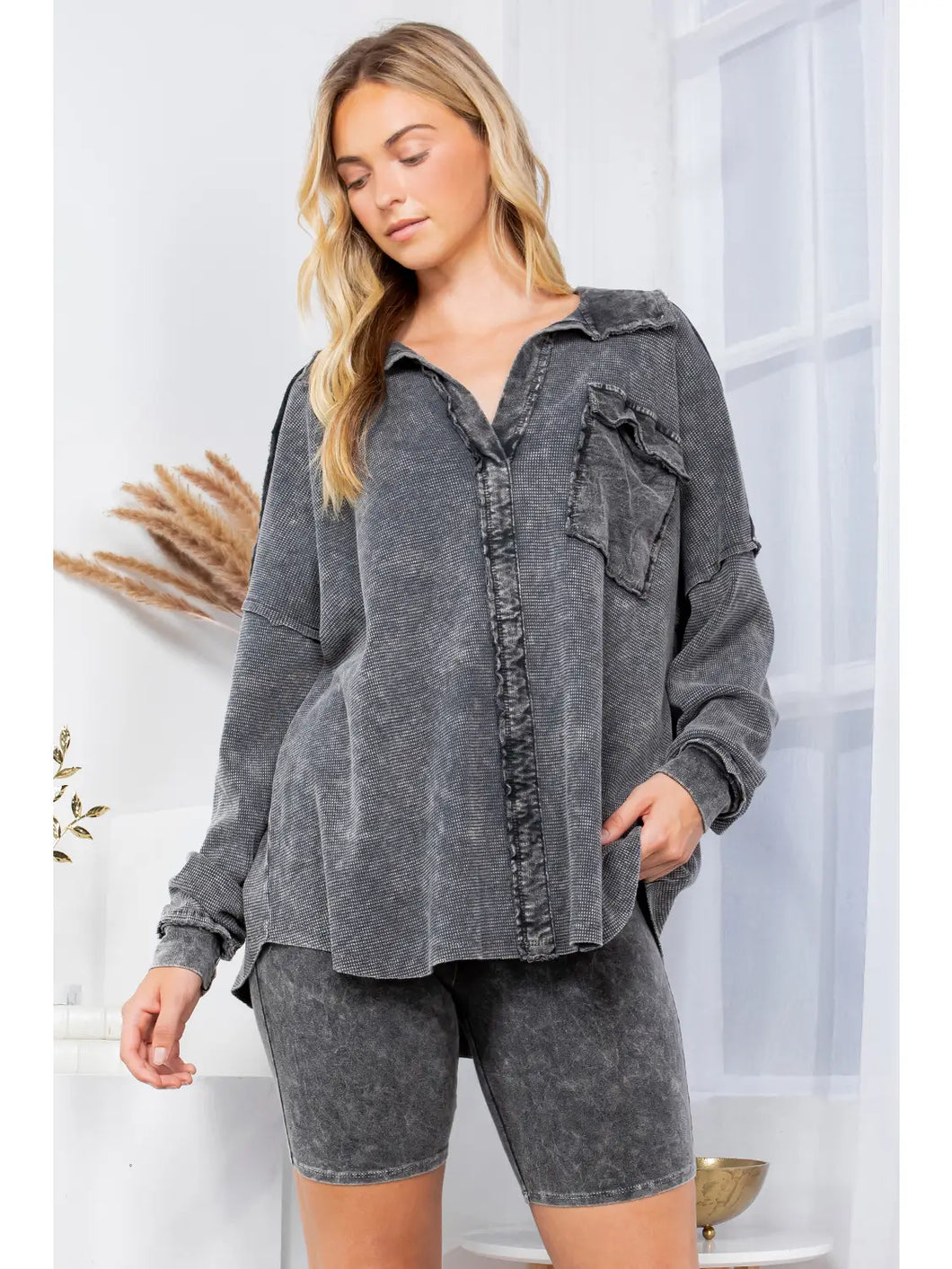 J. Her - Mineral Wash Vneck collar Thermal fashion top with cute pockets