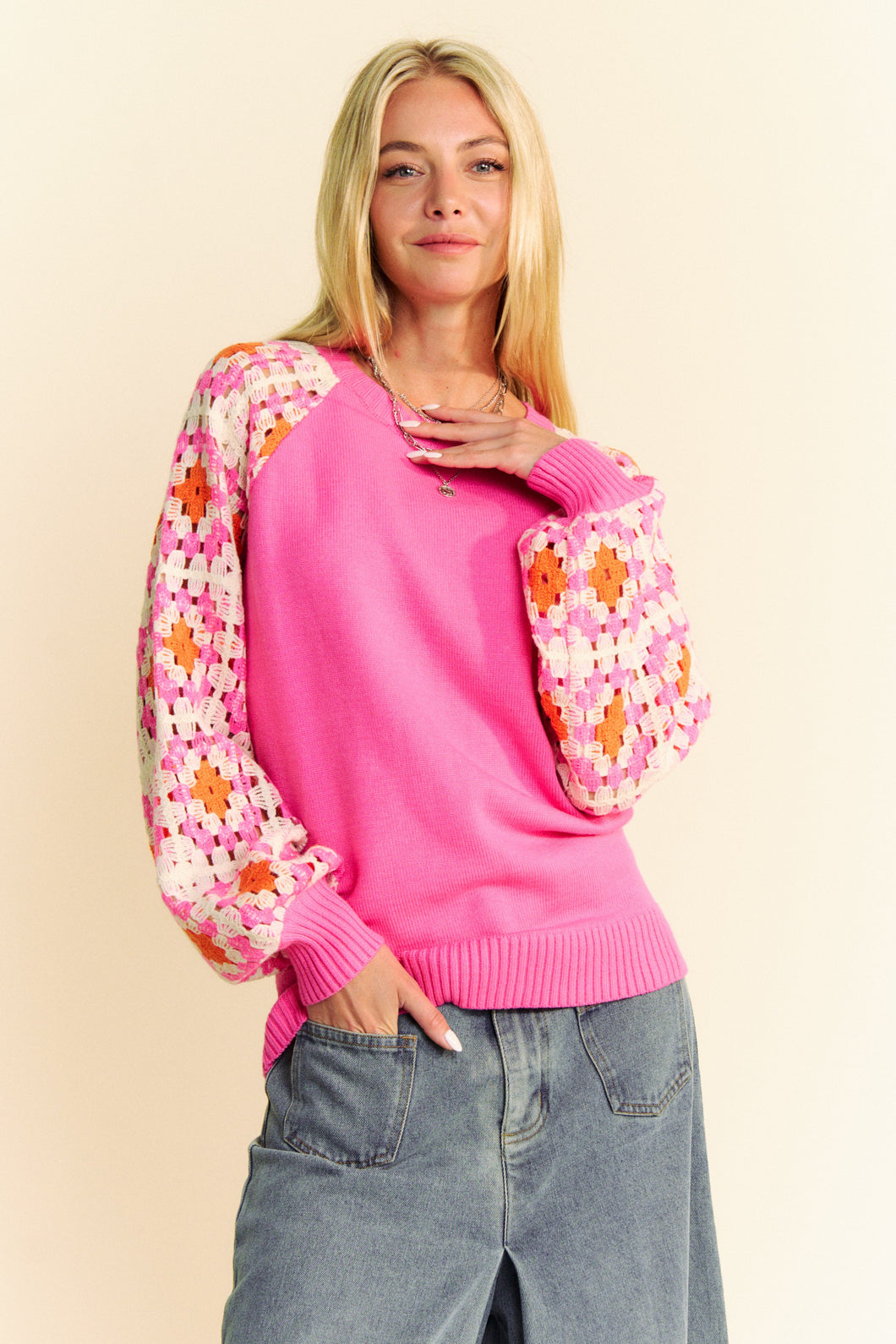 Davi & Dani - Knit Crochet Detailed Long Sleeve Sweater