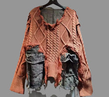 Load image into Gallery viewer, HCB - Textured Sweater with Denim Trim-Shacket Orange &amp; Denim
