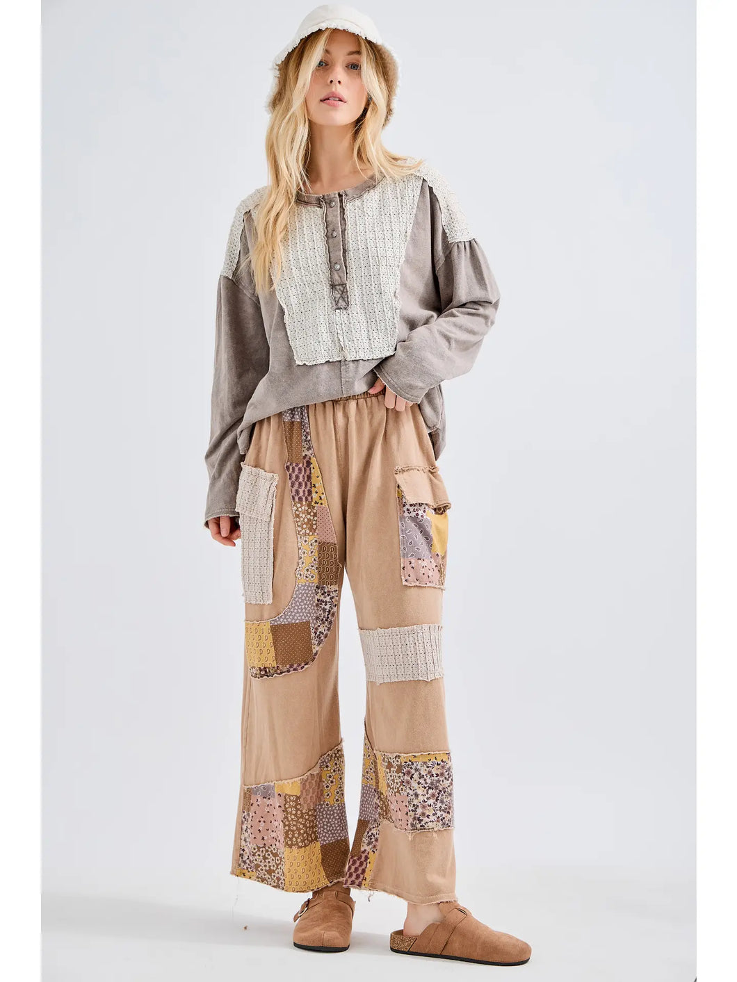 J. Her - Mineral washed Patchwork Lace Detail Wide Leg Pants