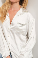 Load image into Gallery viewer, Blue B - Satin Rhinestone Pocket Collar Shirt Blouse
