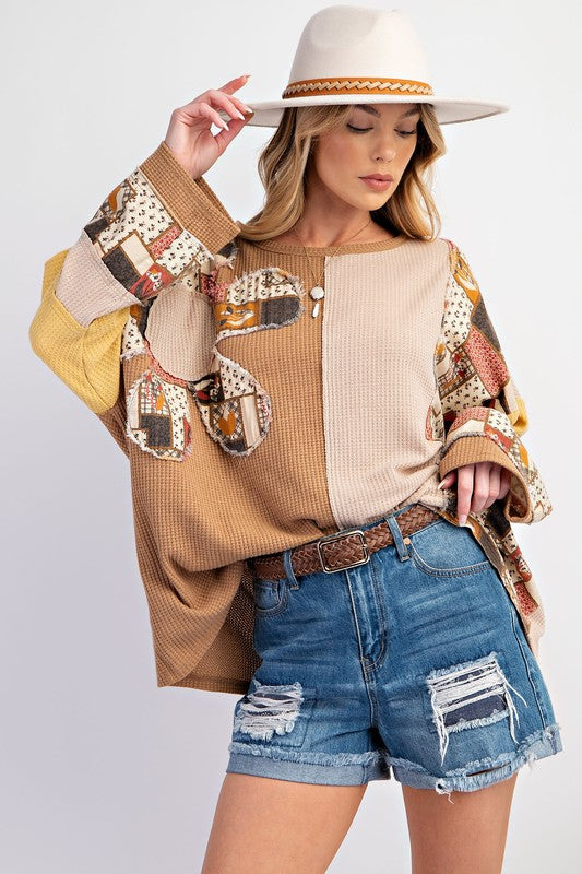 Plus Size-color Block Thermal Washed Pullover