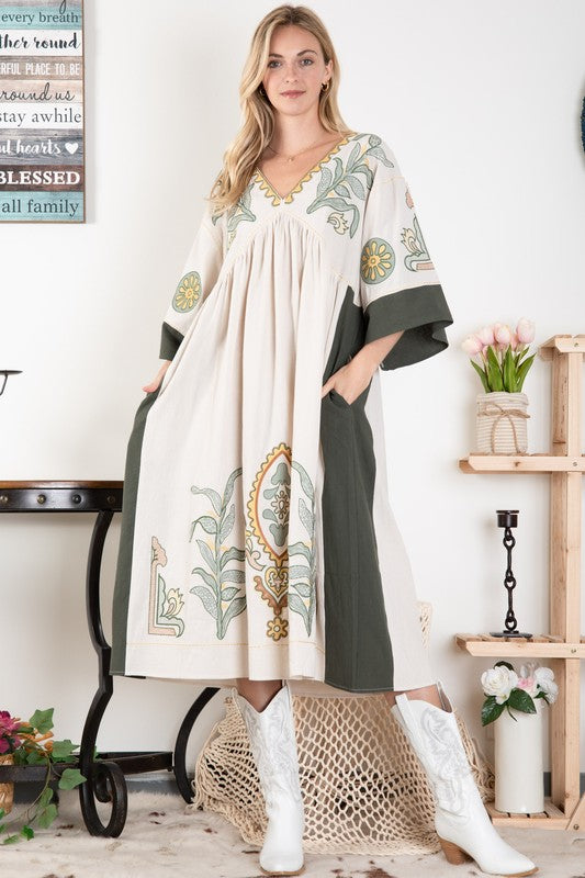 Deep V Neck Mid Slv Maxi Dress