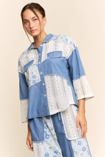 Load image into Gallery viewer, Davi &amp; Dani - Printed Denim Lace Blocked Button Front Shirt
