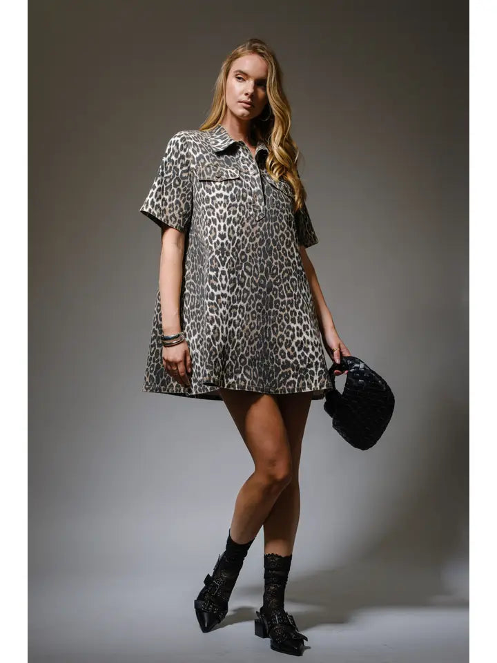 Blue B - Leopard Print Button-Up Denim Dress