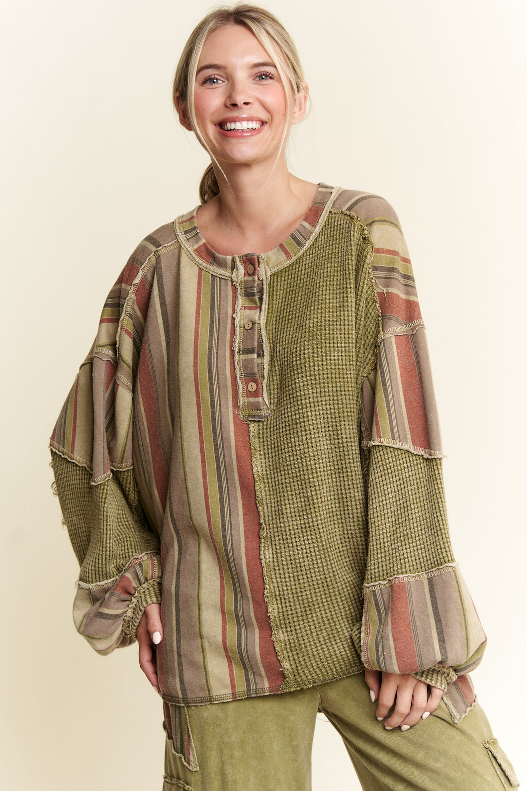 J. Her - Mineralwash Half Striped Waffle Henley Top