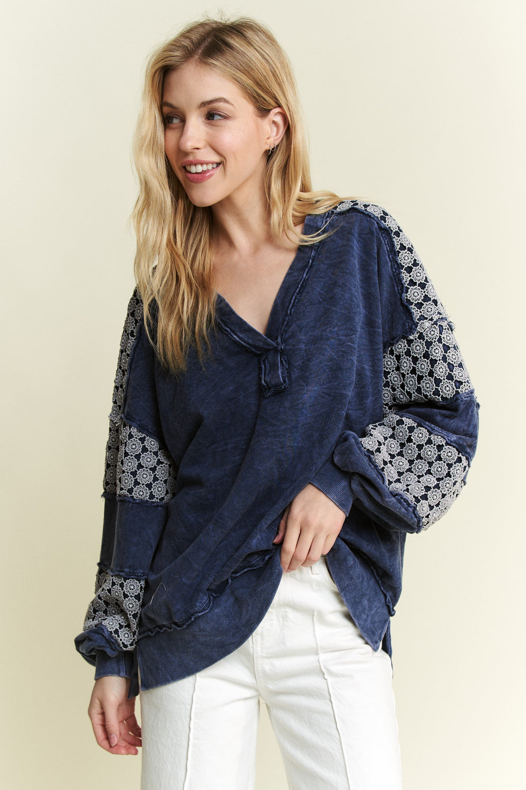 Mineral wash Vneck Floral Detailed Terry Top